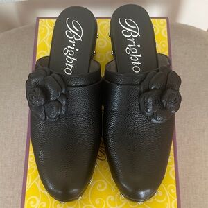 Brighton Black Leather Floral Slip-On Mules